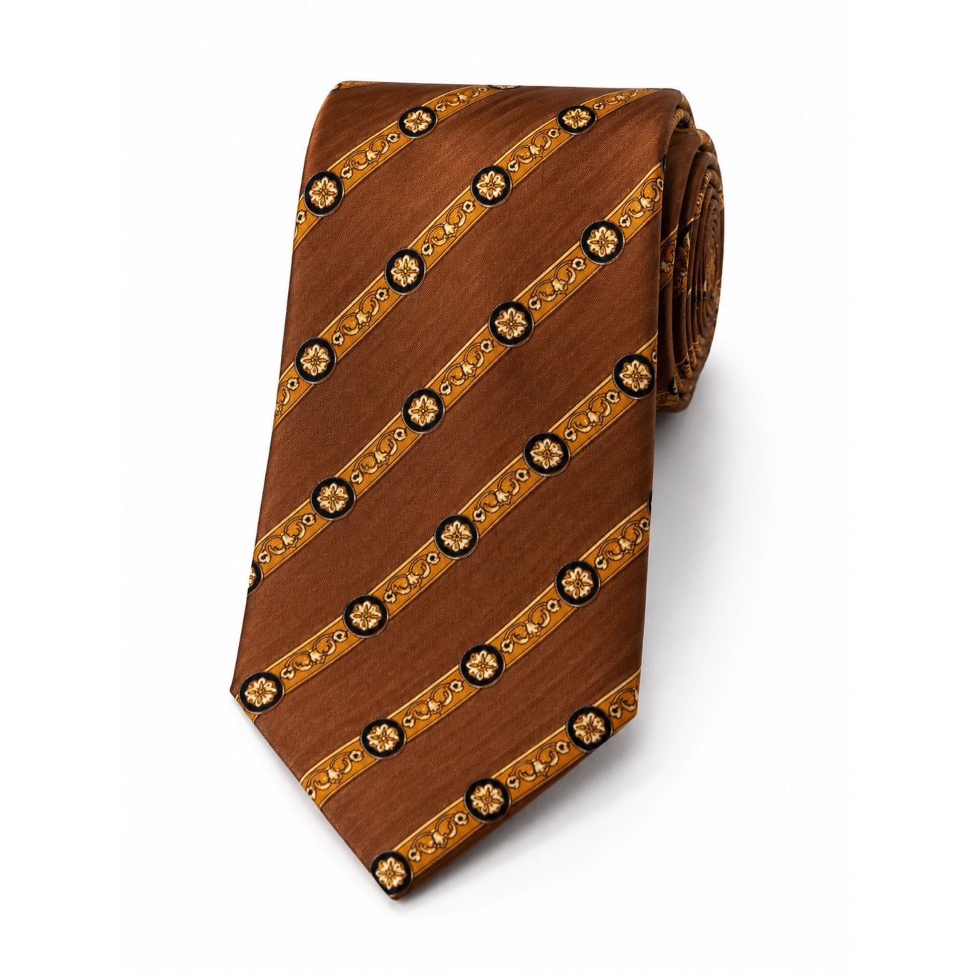 Brioni Italian Silk Medallion Stripe Tie Brown Gold Luxury Necktie